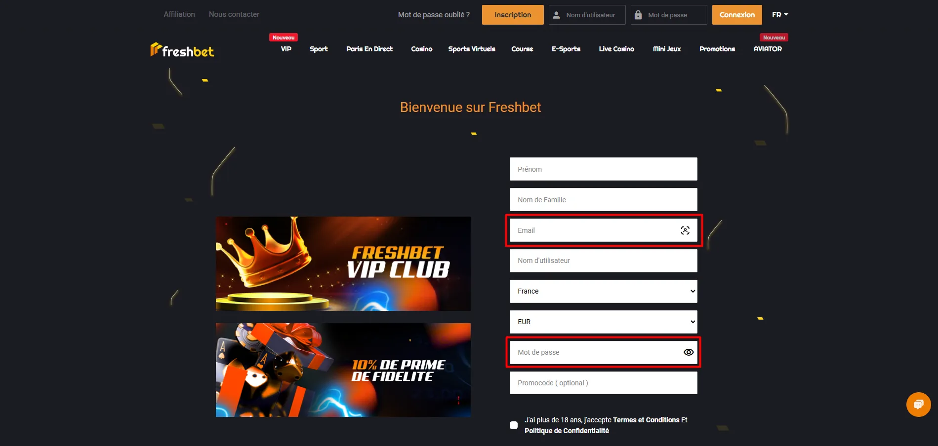 Inscription Freshbet : Étape 2